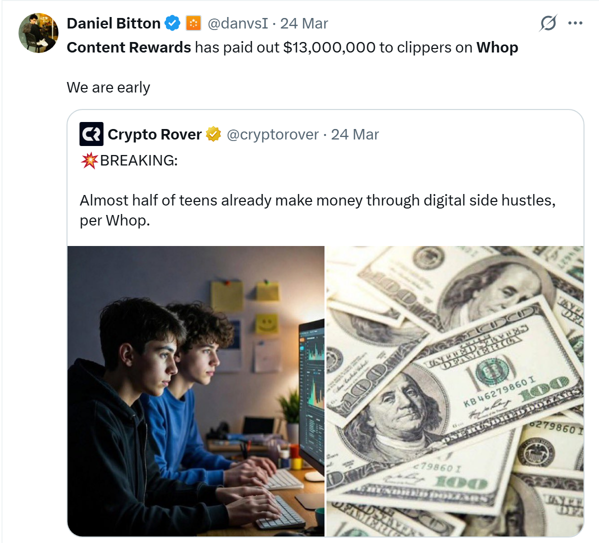 Whop founder Daniel Bitton: Content Rewards has paid out $13,000,000 to clippers on Whop