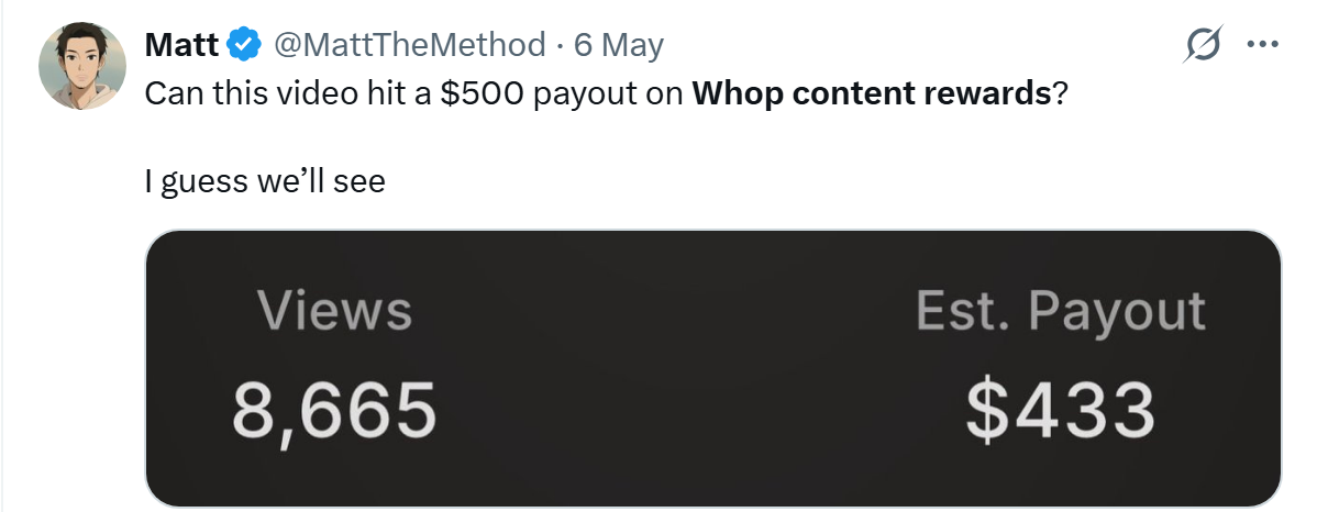 Real clipper post: 8,665 views, estimated payout $433